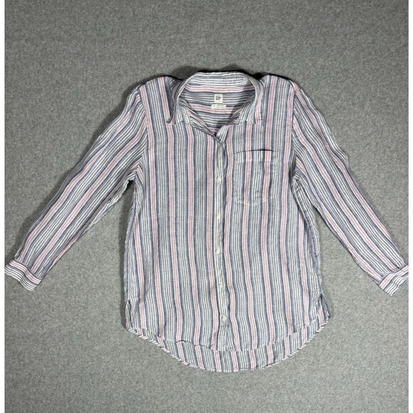 Gap Blue Pink Boyfriend Shirt Striped Linen Women Relaxed Coastal Button Up Sz M - Picture 1 of 9